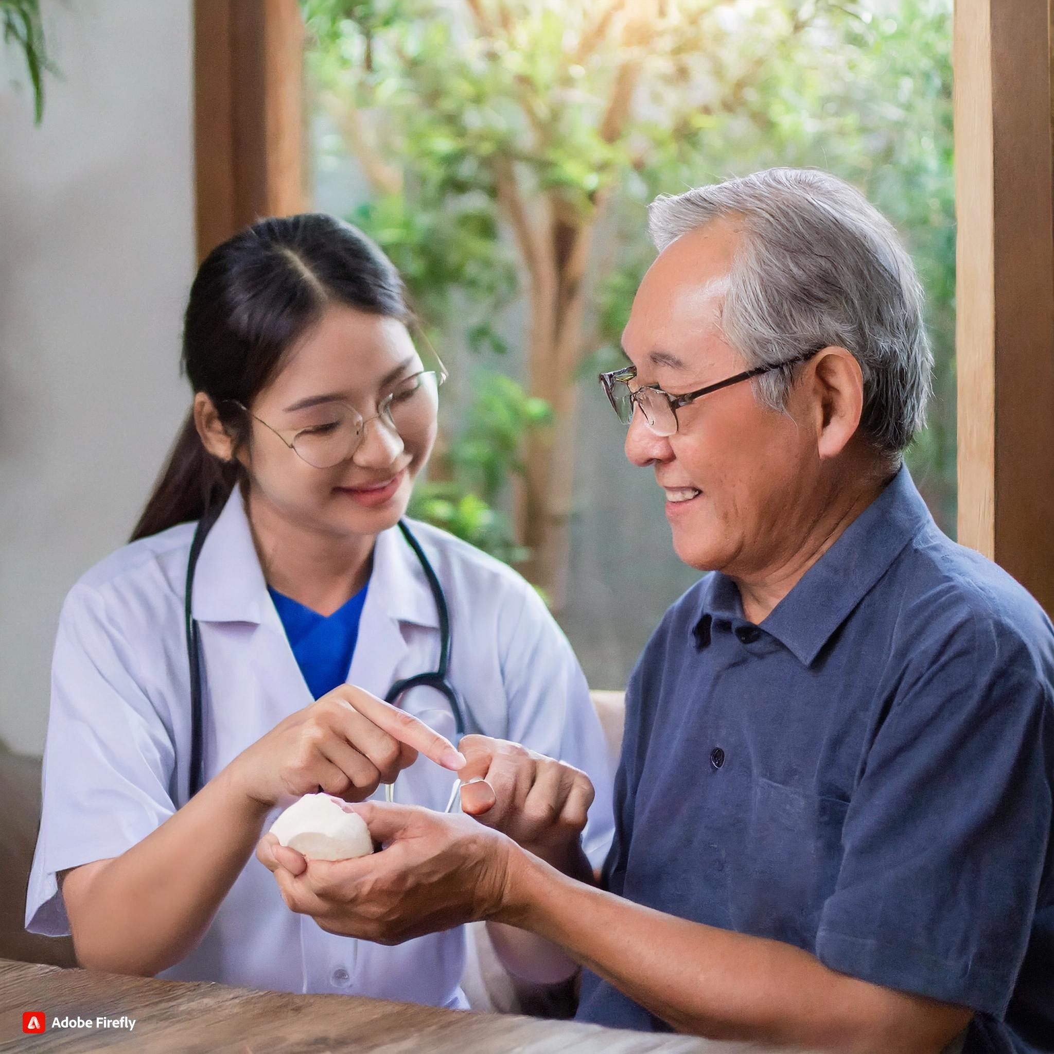 Firefly 台灣人專業聽力師在家中為老人提供助聽器選配服務的場景，展現專業、貼心和便利的形象。 34565