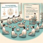 課程介紹，學員們專心聆聽導師講解。屏幕上顯示課程亮點，如基礎課程、進階音療師證書和團體靜心課程。學員們正在進行單缽技巧和七缽共振練習。