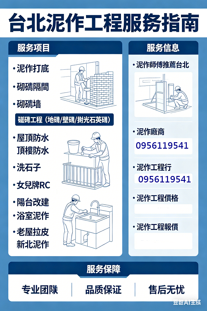 台北泥作工程,泥作師傅推薦台北,泥作廠商,泥作價格,泥作報價,泥作打底,砌磚隔間,砌磚牆,磁磚工程,地磚,壁磚,拋光石英磚,屋頂防水,頂樓防水,洗石子,女兒牆RC,陽台改建,浴室泥作,台北泥作工程行,泥作工程價格,泥作工程推薦,老屋拉皮,新北泥作,泥作工程報價